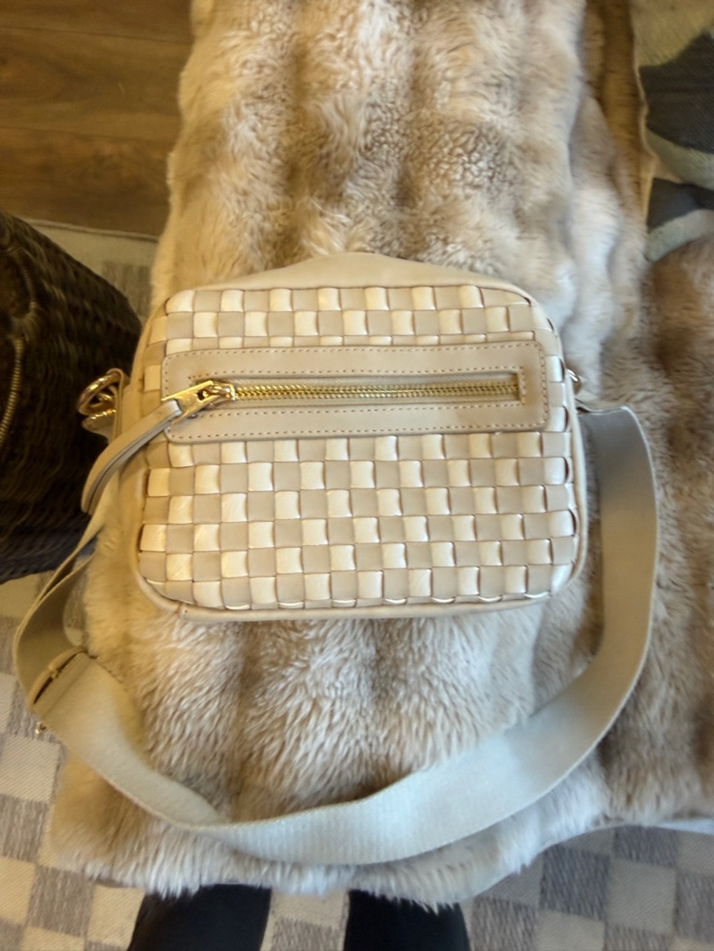Cream Woven Crossbody Bag with Gold Zipper Detail